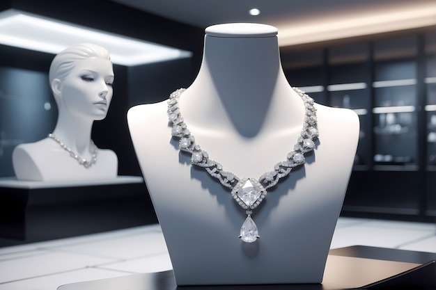 Elegant diamond necklace with teardrop pendant on white display in showroom.