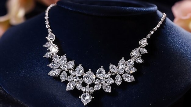 Diamond floral necklace displayed on black bust in luxury setting.