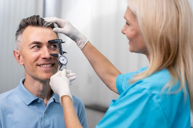 From Blur to Clear with Today’s Eye Care Advances 2 Clinician measuring a smiling man’s eye area with a caliper during a facial or ophthalmic exam.