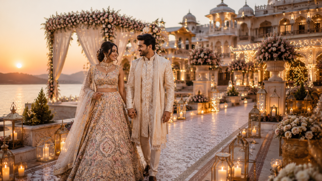 Unique Destination Wedding Themes That Stand Out 2 Couple in traditional attire walking at a lavish palace wedding with flowers, candles, and sunset views