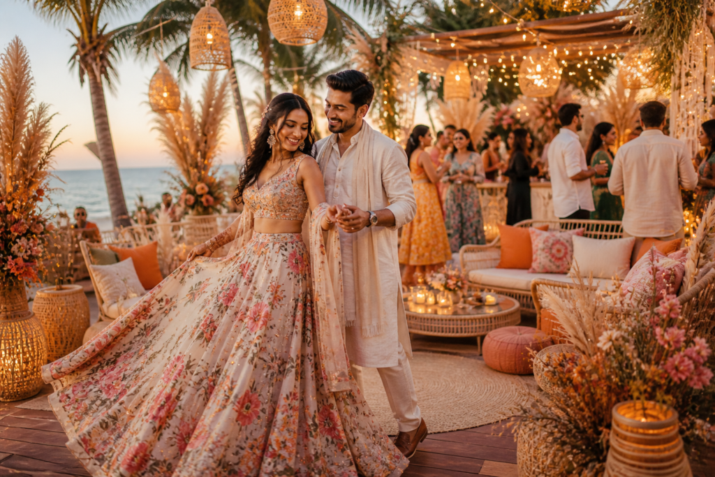 Unique Destination Wedding Themes That Stand Out 3 Couple dancing at a beach wedding with floral decor, warm lights, guests, and sunset ambiance