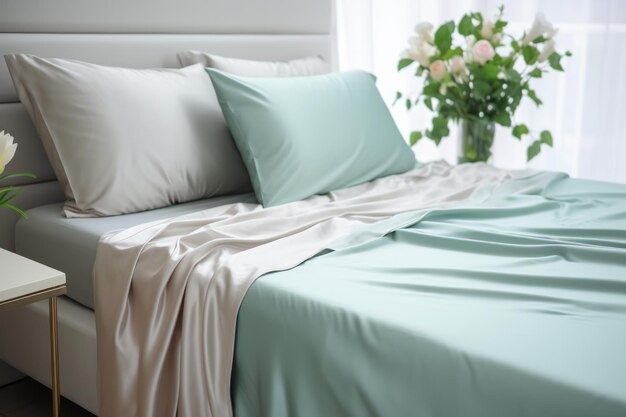 Neatly made bed with beige and mint pillows, soft draped bedding, and flowers on a bedside table.